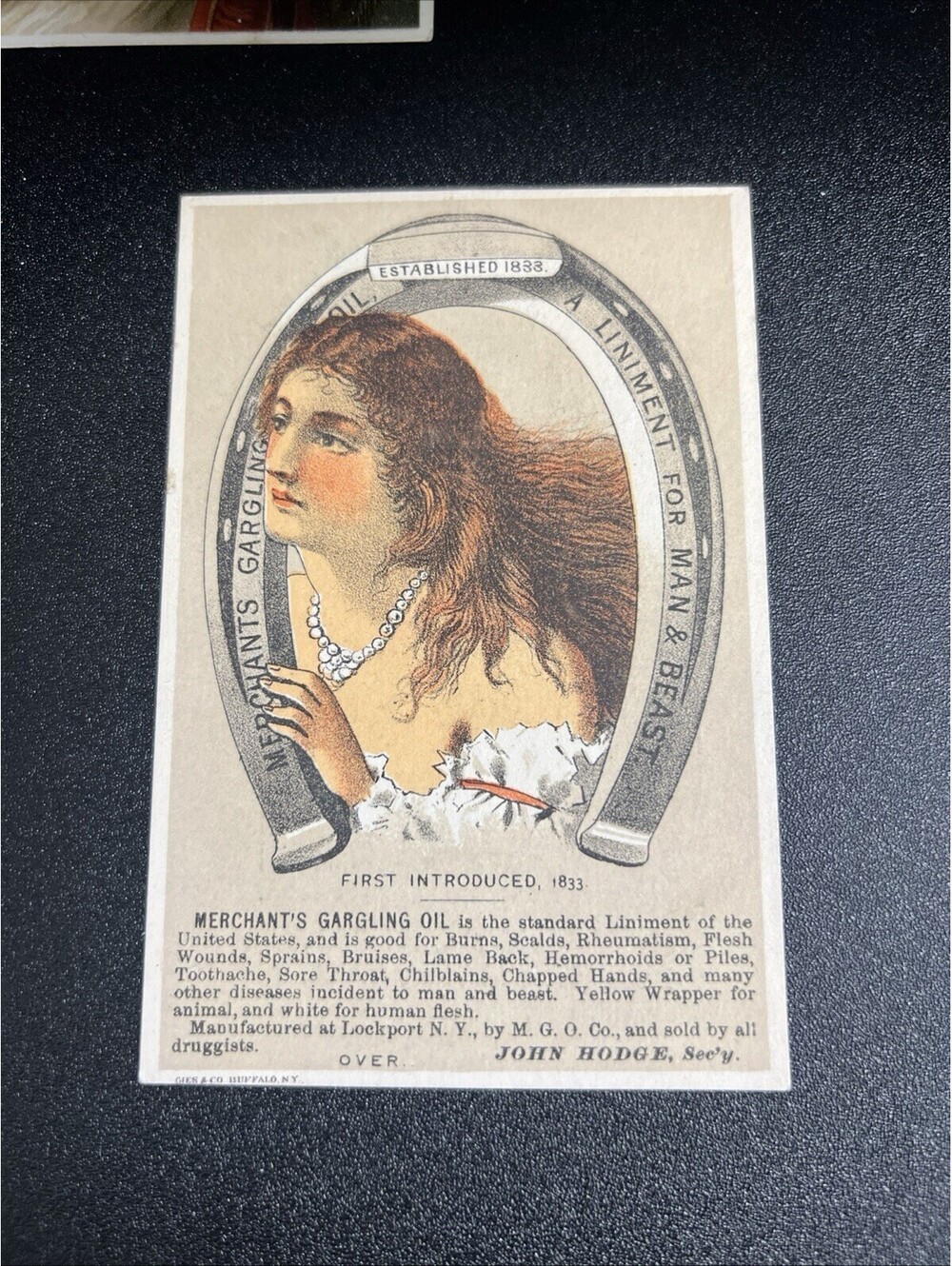 1880's Merchant's Gargling Oil For Man & Beast Horseshoe, Cazenovia, NY